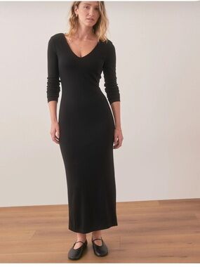 Marine Layer “Lexi” Black Ribbed V-Neck Maxi Dress